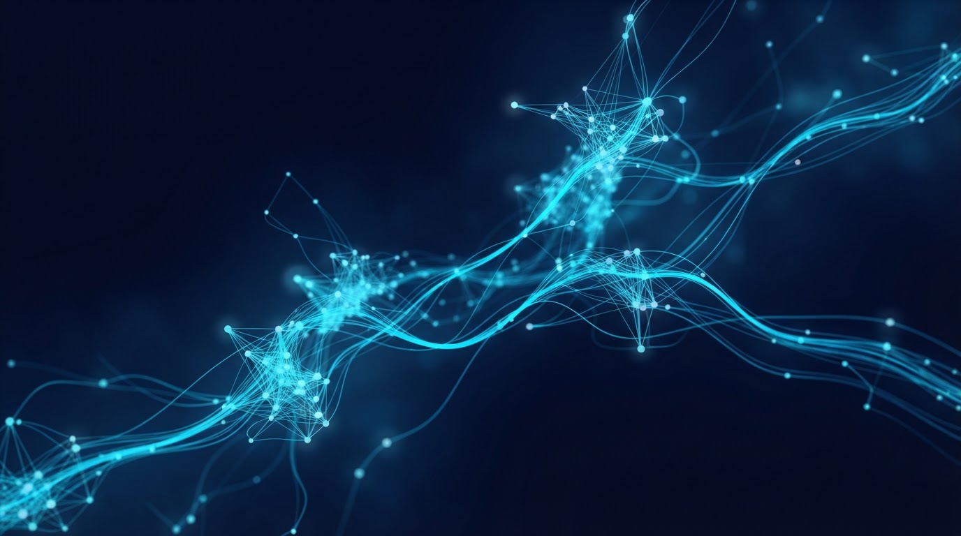 Abstract connected intelligent network of electric cyan light nodes and flowing pathways on deep midnight navy