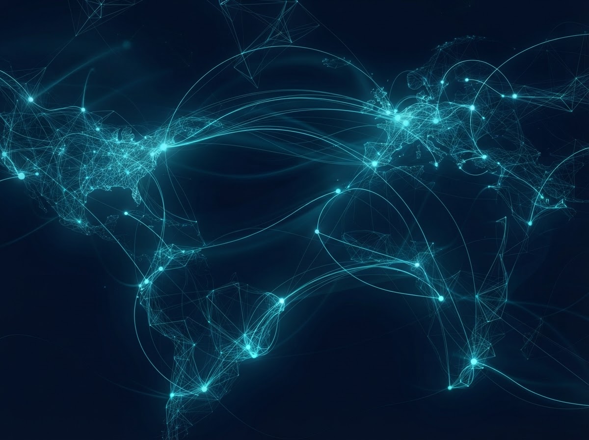 Abstract communication channels of glowing cyan light lines on deep midnight navy