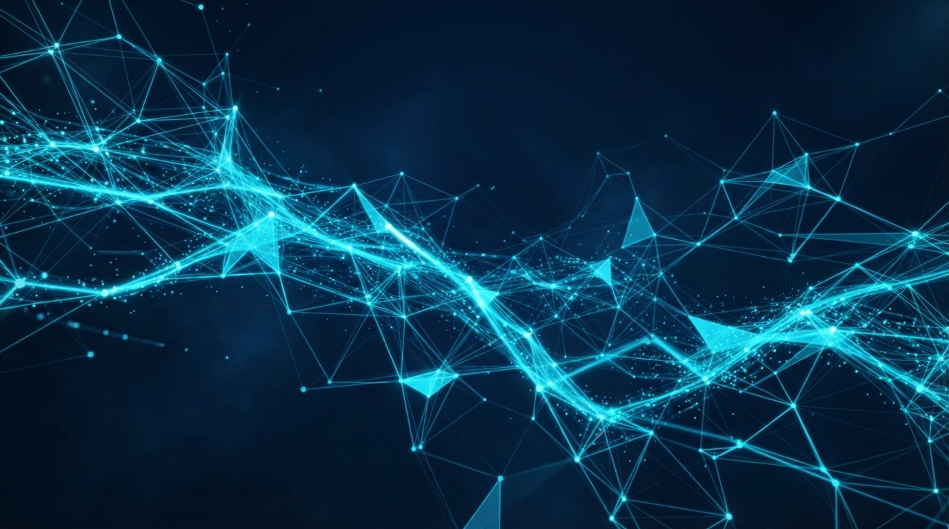 Abstract network of connected glowing cyan nodes on deep midnight navy
