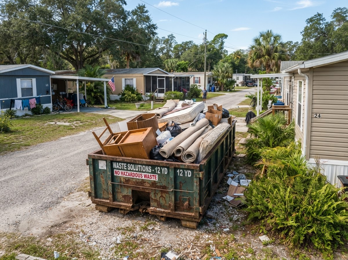 Compact roll-off dumpster placed at a mobile home park during a manufactured home cleanout in Florida