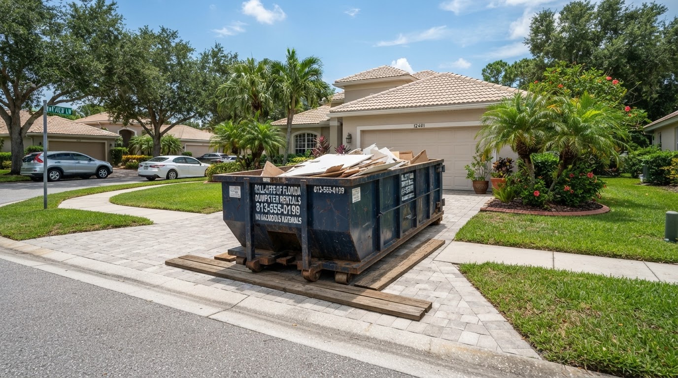 Residential dumpster on a suburban Wesley Chapel driveway with wooden protective boards underneath