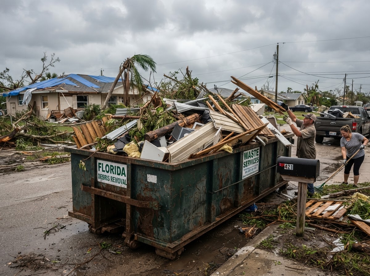 Roll-off dumpster filled with hurricane storm debris including downed branches and storm-damaged building materials at a Florida cleanup site