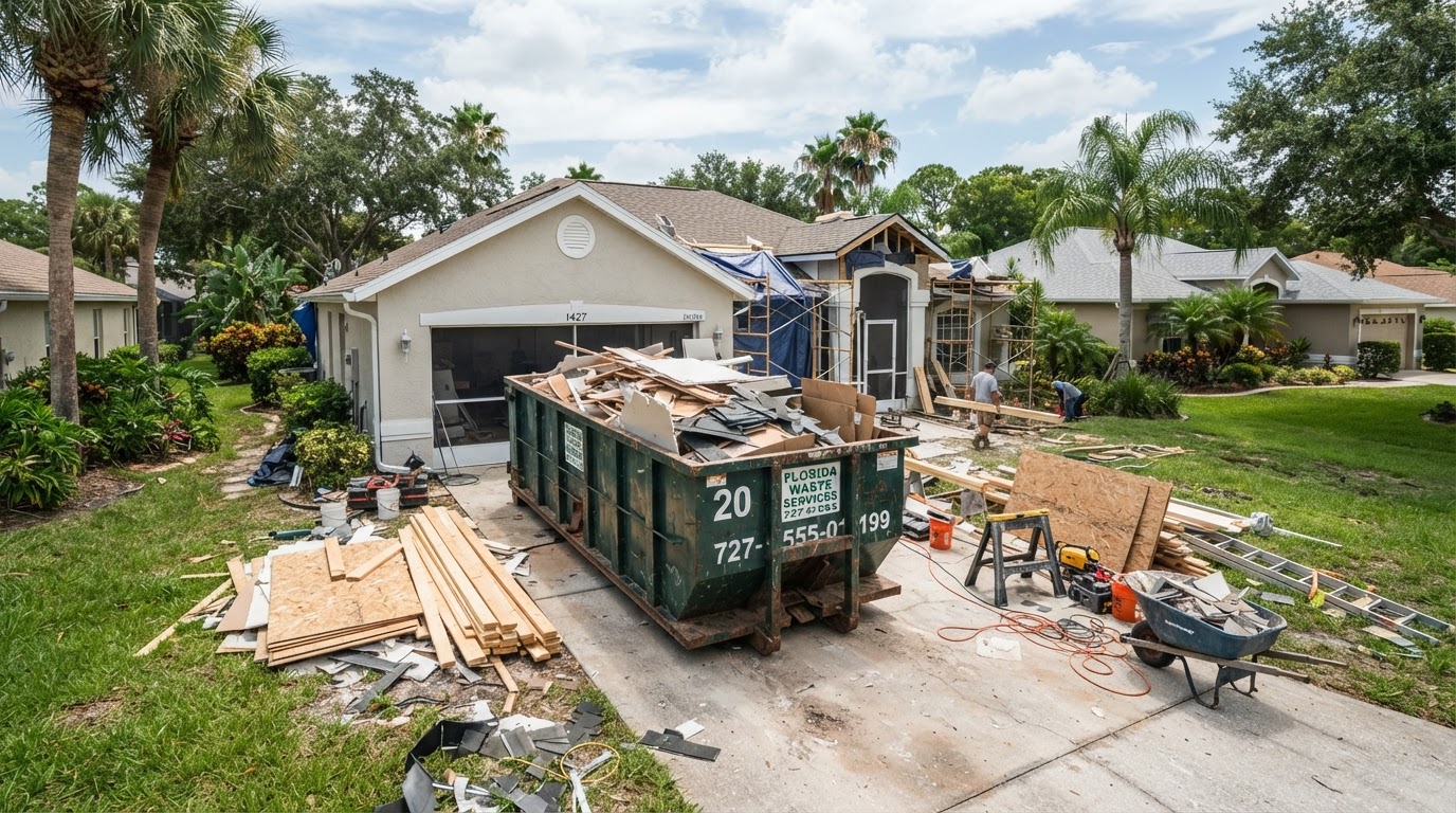 Roll-off dumpster on a residential driveway in FishHawk, Florida for a home renovation and decluttering project