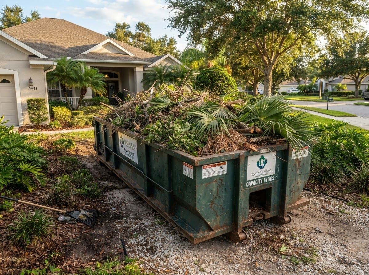 Roll-off dumpster being delivered and offloaded onto a Wesley Chapel, Florida driveway by a delivery truck
