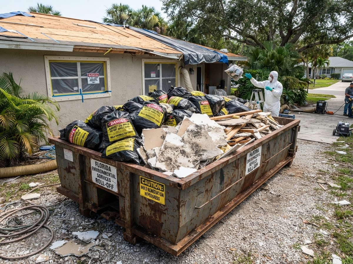 Roll-off dumpster containing bagged mold-contaminated drywall and remediation debris at a residential cleanup site in Florida