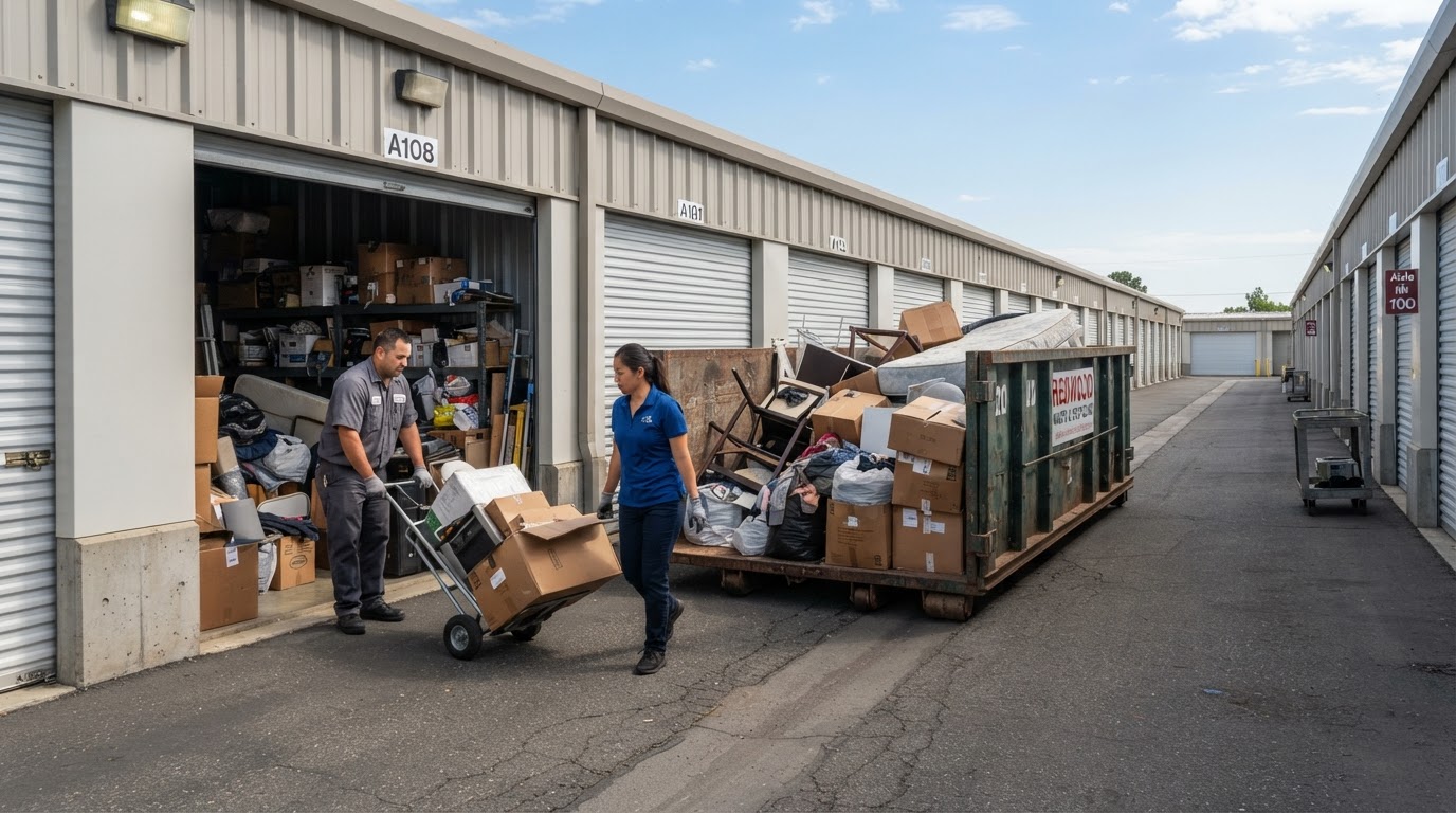 Self-storage facility with a roll-off dumpster positioned near storage unit doors during a cleanout in Wesley Chapel, Florida