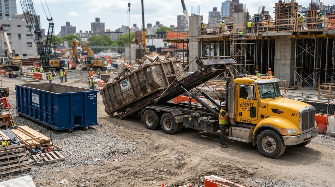 Roll-off delivery truck performing a dumpster swap-out by loading a full container at an active jobsite in Wesley Chapel, Florida
