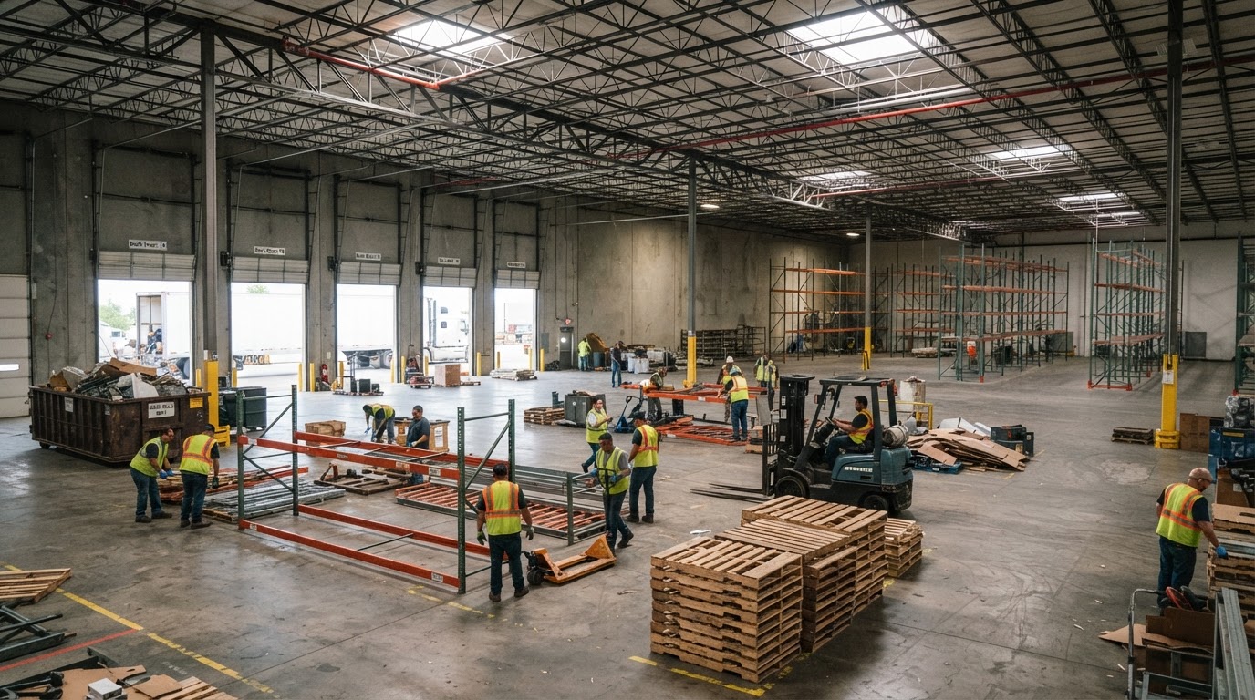 Warehouse interior being cleared of pallets, shelving, and industrial debris during a cleanout in Wesley Chapel, Florida