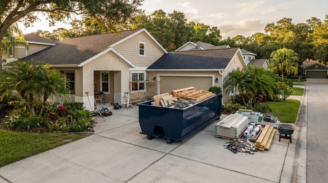 Roll-off dumpster placed on a residential driveway beside a remodeling project in Wesley Chapel, Florida