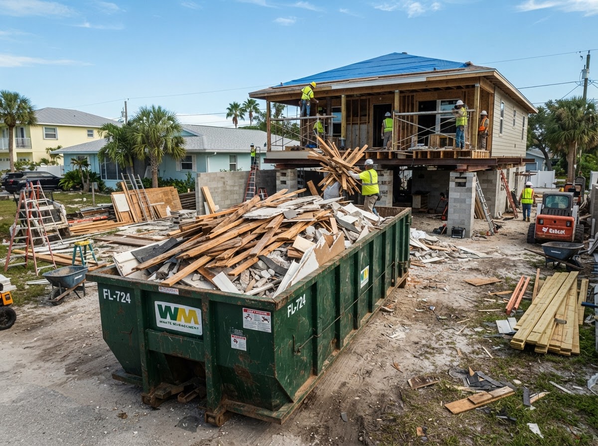Roll-off dumpster at a home elevation and rebuild construction site with structural and foundation debris in Florida