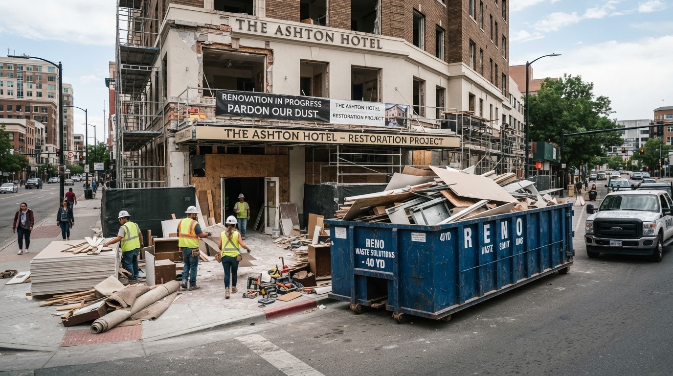 Roll-off dumpster positioned outside a hotel building undergoing interior renovation in Wesley Chapel, Florida