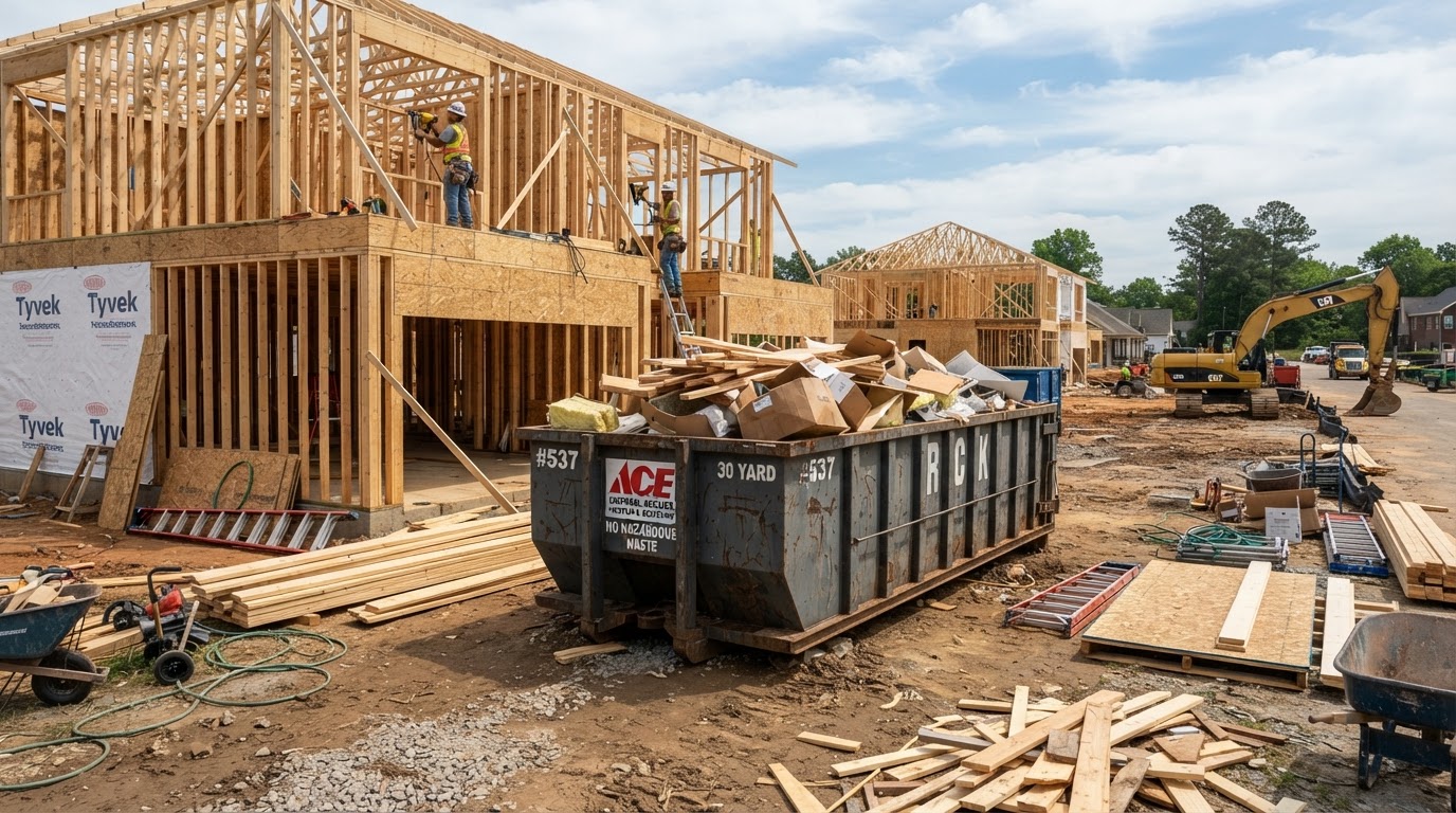 Roll-off dumpster at a new construction site with framing and building materials in Wesley Chapel, Florida