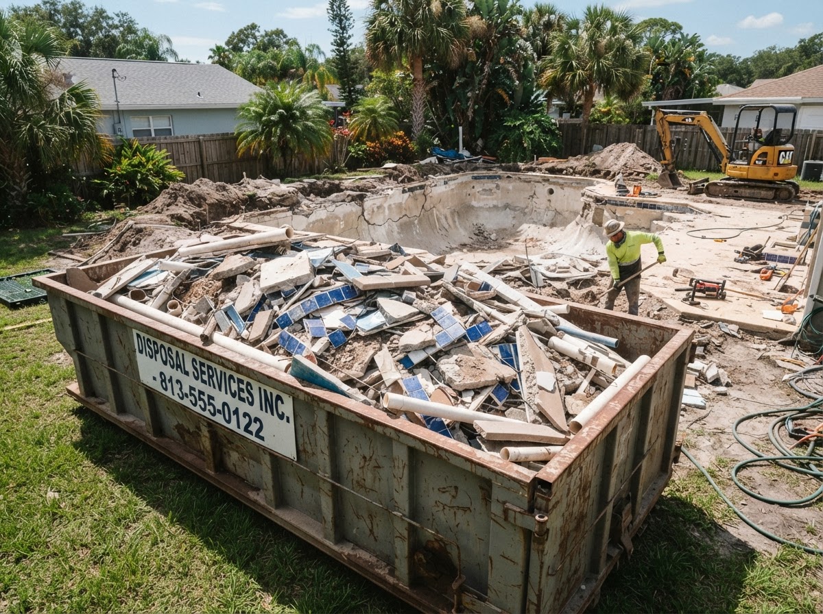 Roll-off dumpster at a swimming pool removal site loaded with broken concrete, pool tile, and excavation debris in Florida