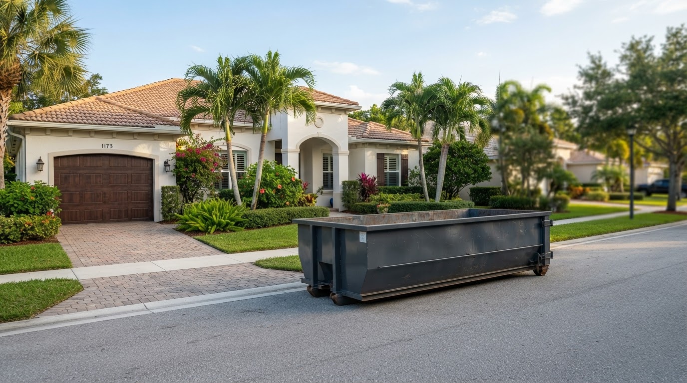 Roll-off dumpster container on a clean suburban street in Wesley Chapel, Florida