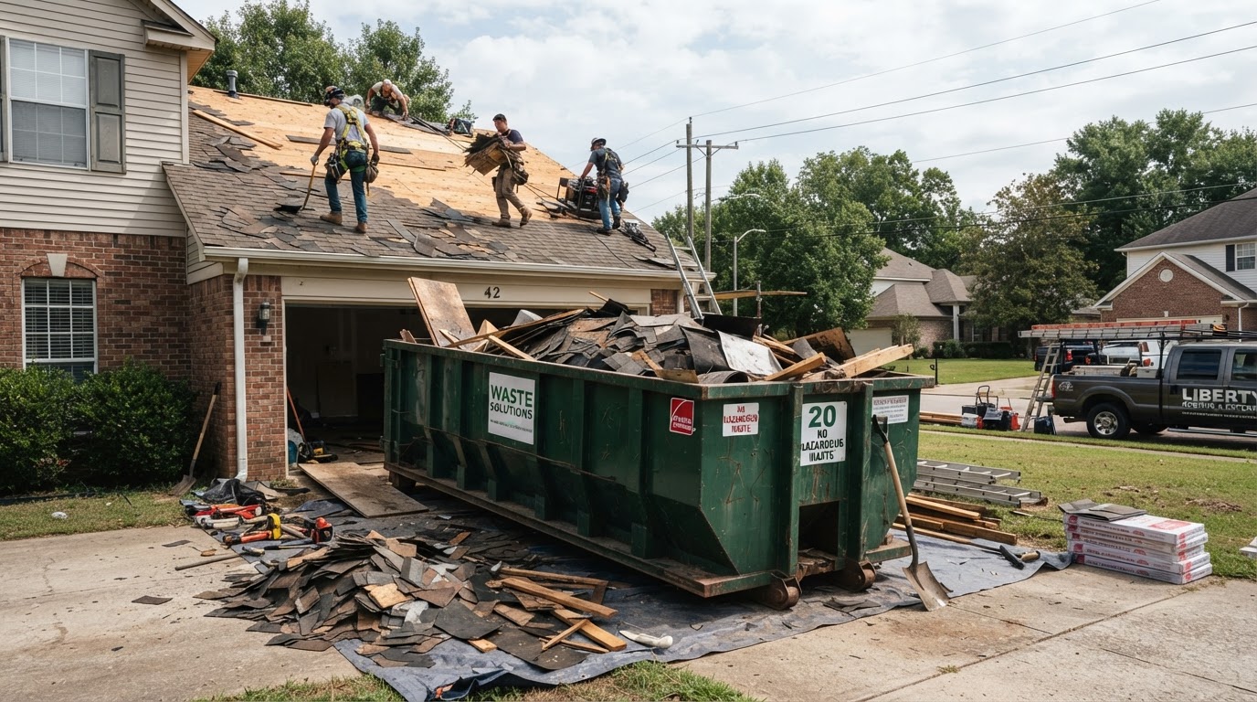 Roll-off dumpster at a residential roof replacement site with shingle tear-off debris in Wesley Chapel, Florida