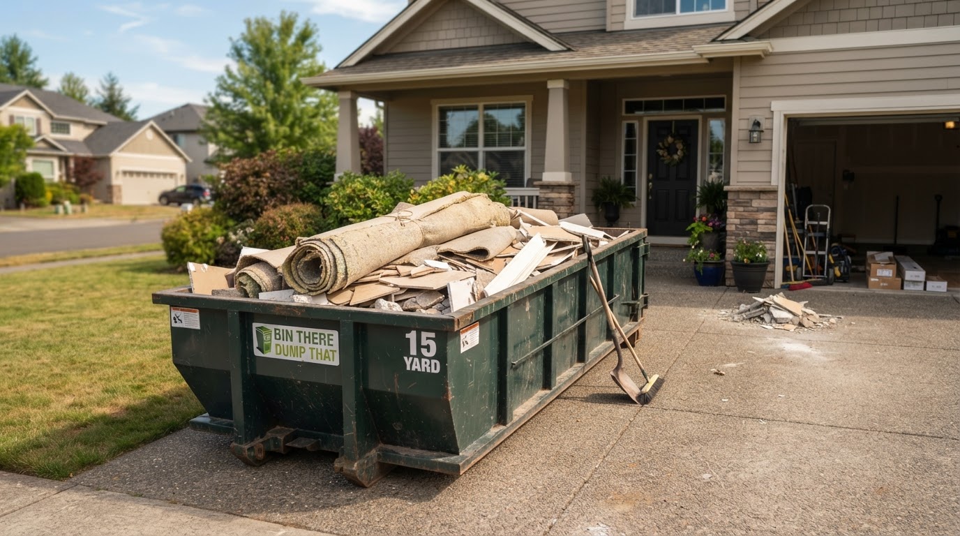15 yard dumpster on a standard residential driveway in Wesley Chapel during a flooring remodel