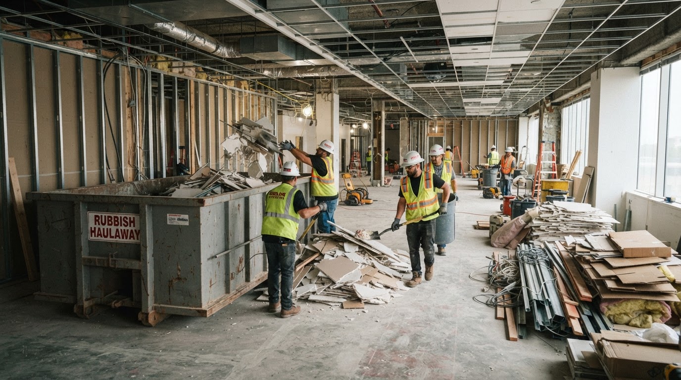 Commercial interior demolition site with tear-out debris being organized for haul-away in Wesley Chapel, Florida