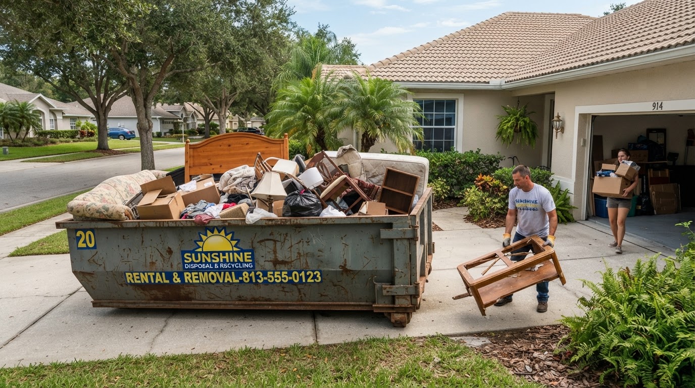 Roll-off dumpster on a residential driveway in Trinity, Florida for a home renovation and garage cleanout project