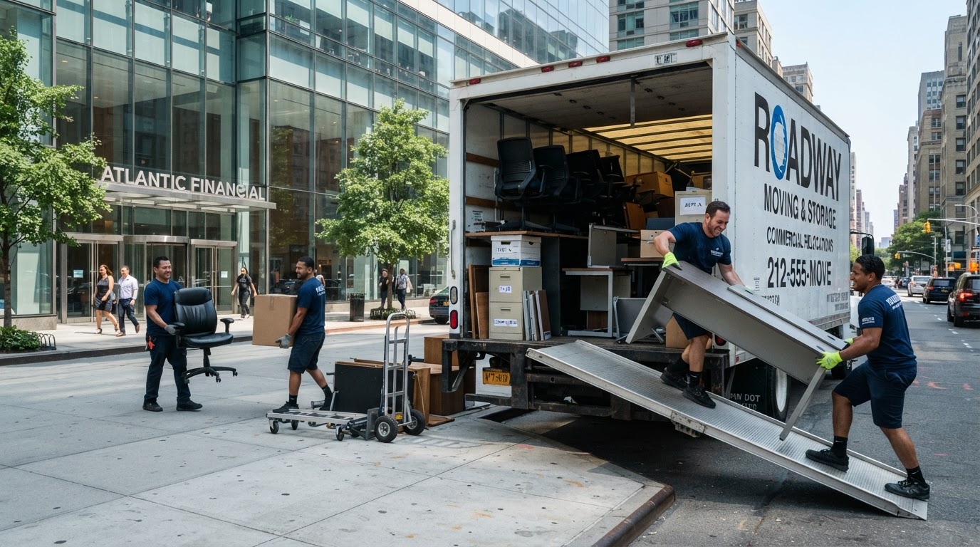 Professional crew loading office furniture and business fixtures into a removal truck outside a commercial building in Wesley Chapel, Florida