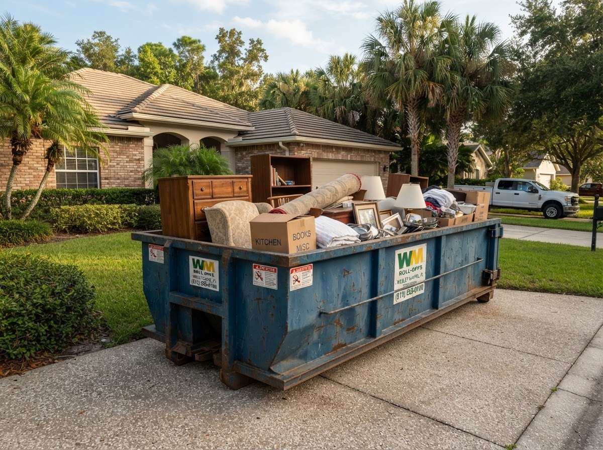 Roll-off dumpster outside a Wesley Chapel, Florida property during an estate cleanout with assorted household contents