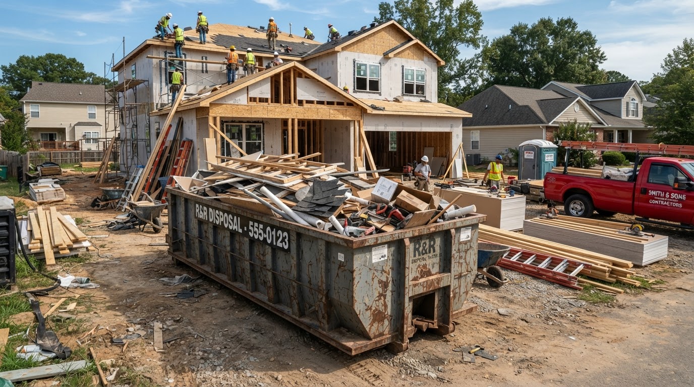 Contractor dumpster at an active residential construction jobsite with building materials and trade debris in Wesley Chapel, Florida