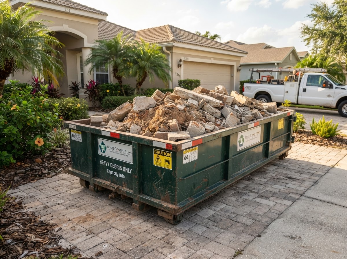 Low-sided heavy debris dumpster loaded with broken concrete chunks and excavated dirt in Wesley Chapel, Florida