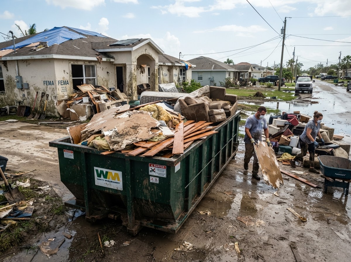 Roll-off dumpster loaded with water-damaged drywall, warped flooring, and flood cleanup debris at a residential recovery site in Florida