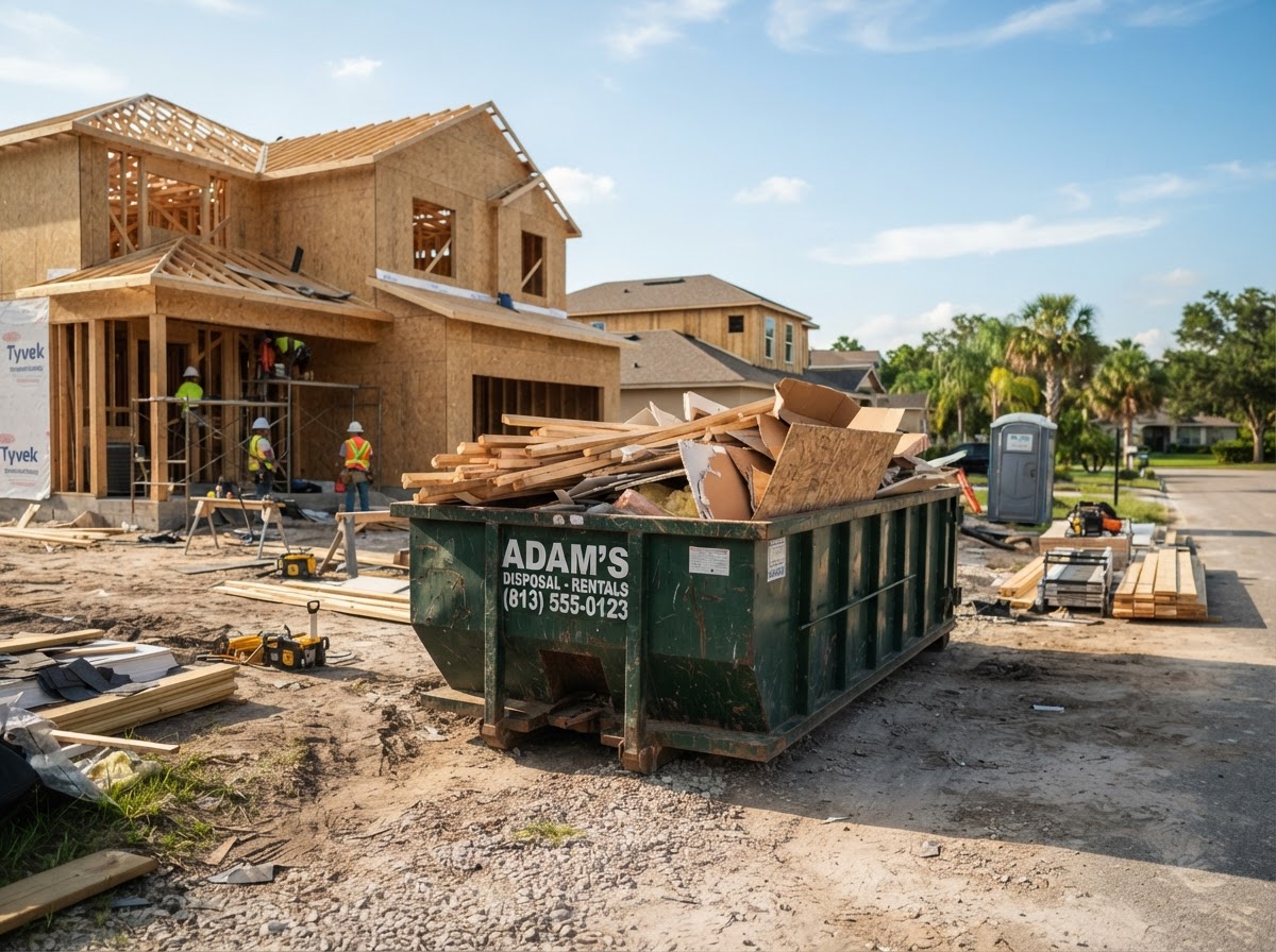 Construction dumpster at an active residential building site in Wesley Chapel, Florida with framing debris