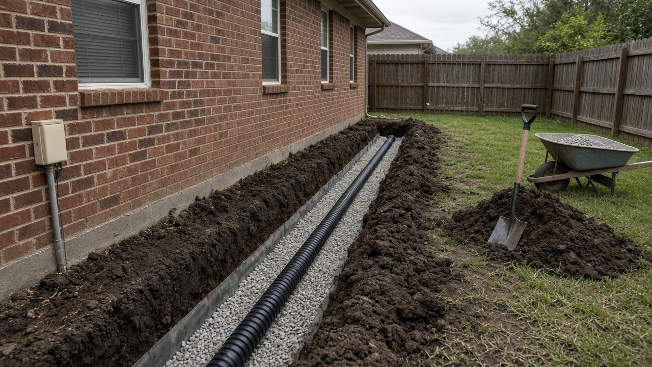 French drain trench along a brick home for drainage correction in Forney, TX