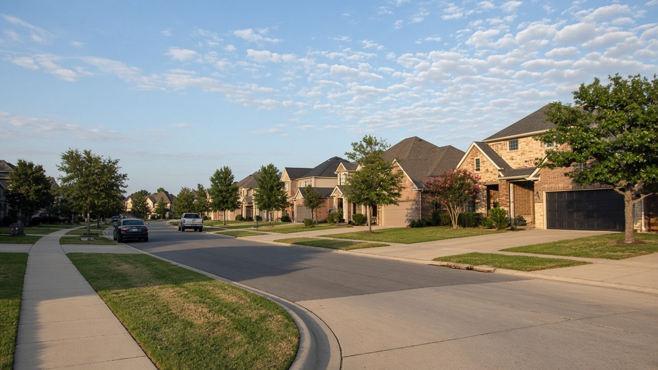 Brick homes on a suburban street in the Forney, TX area served by Forney Slab & Foundation Repair