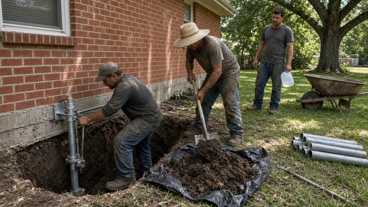 Crew installing piers during foundation repair in Forney, TX beside a brick slab home