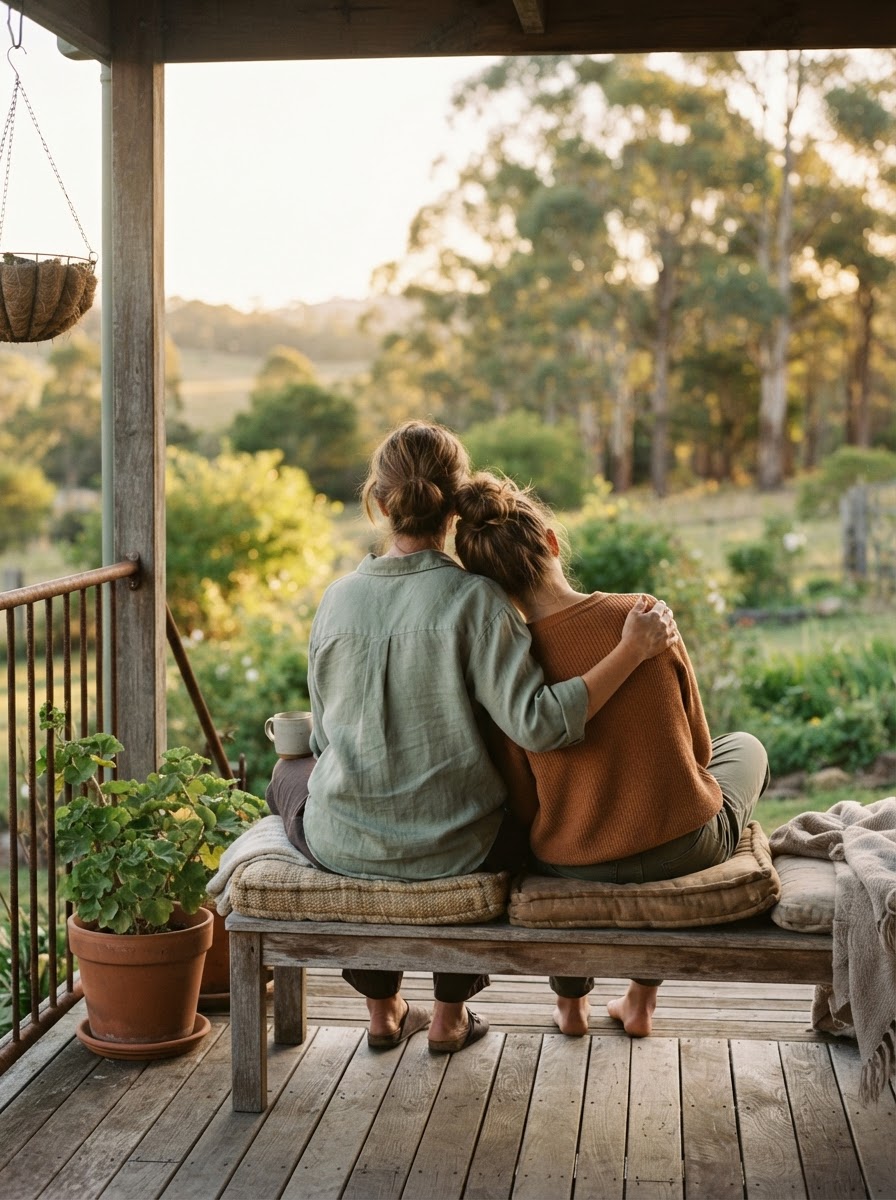 A mum and her teenage child sitting together outdoors on a quiet verandah at golden hour, relaxed and unhurried.