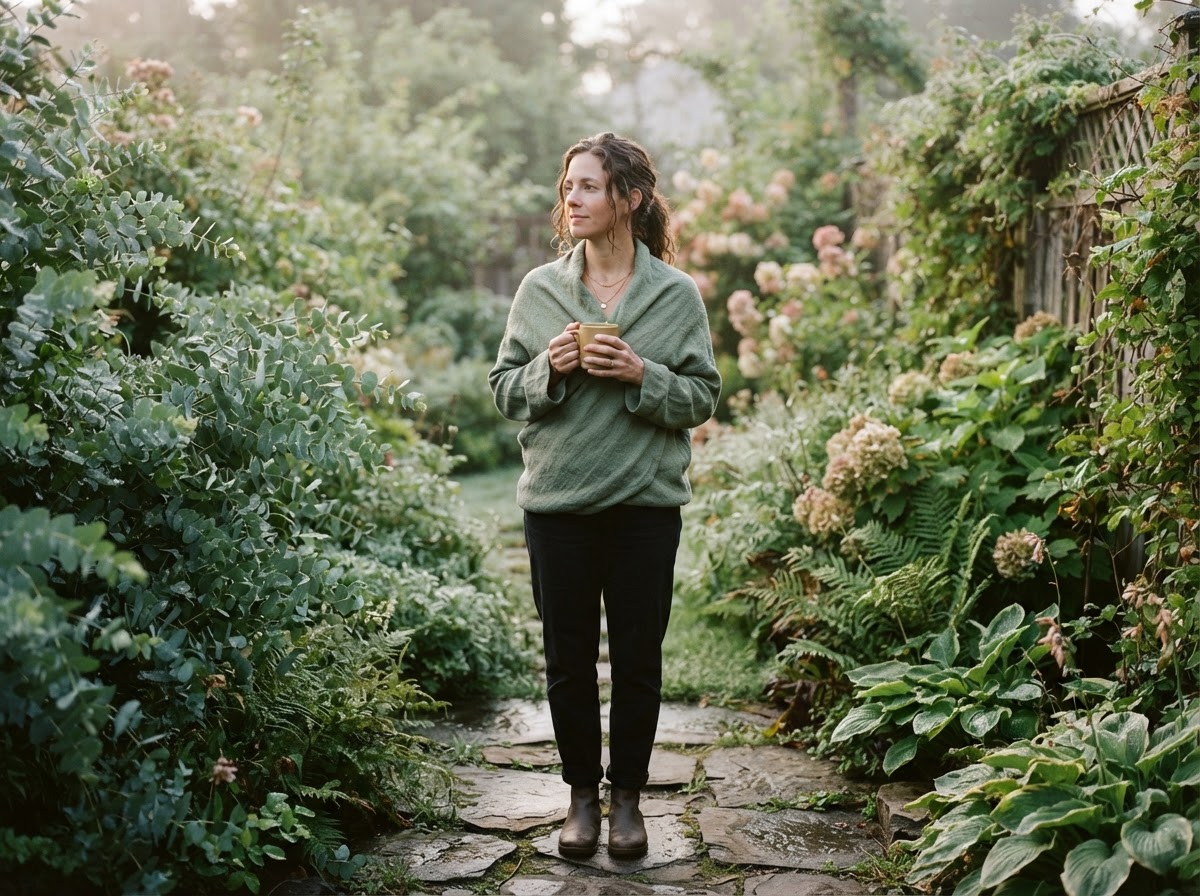A calm parent standing in soft morning light in a quiet garden, holding a cup of tea.