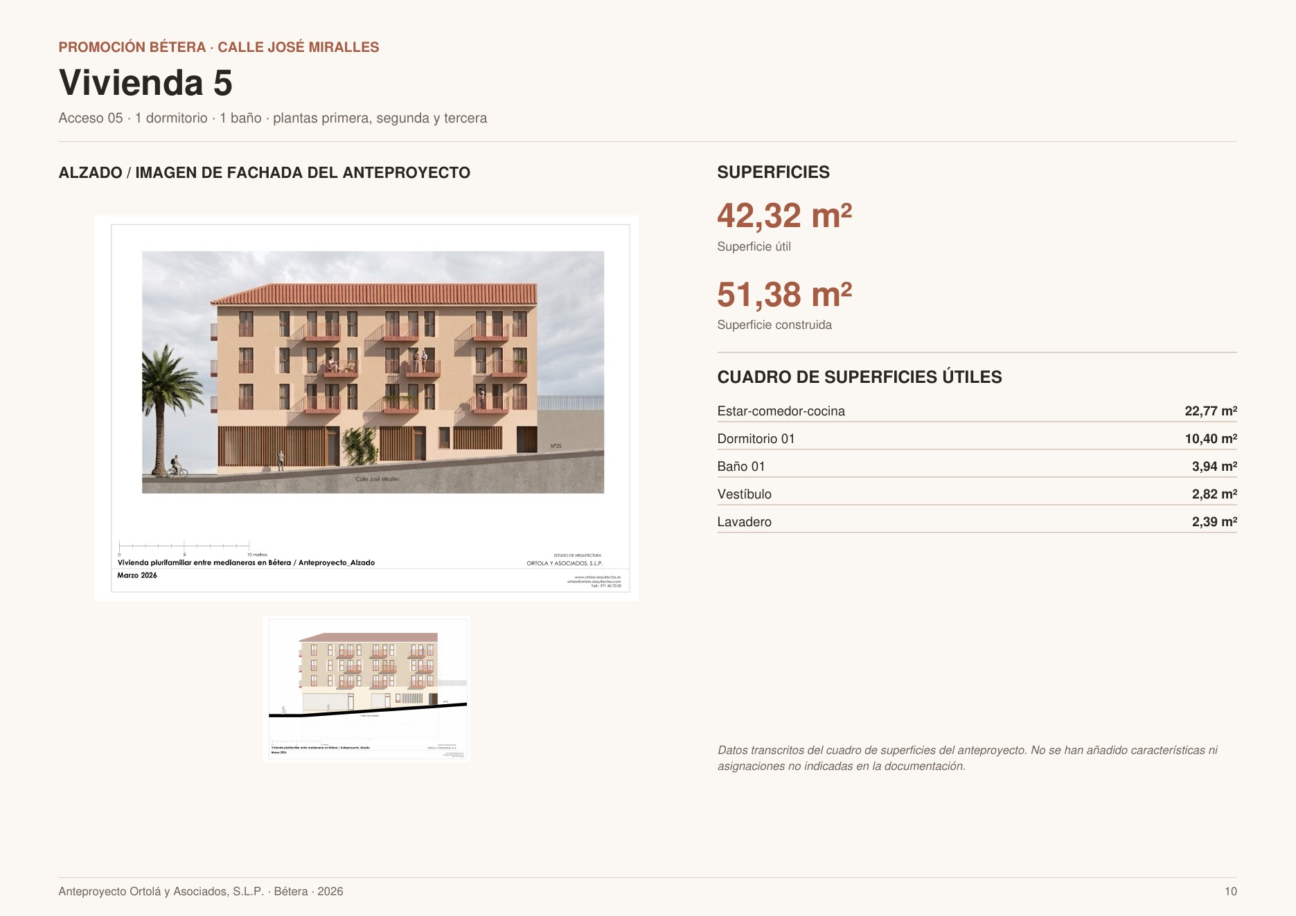 Plano individual y ficha de superficies de Vivienda 5 — Bétera