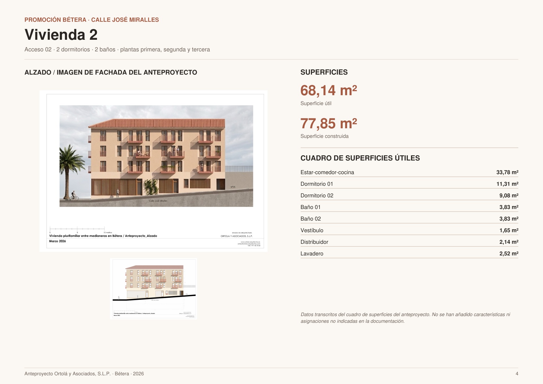 Plano individual y ficha de superficies de Vivienda 2 — Bétera