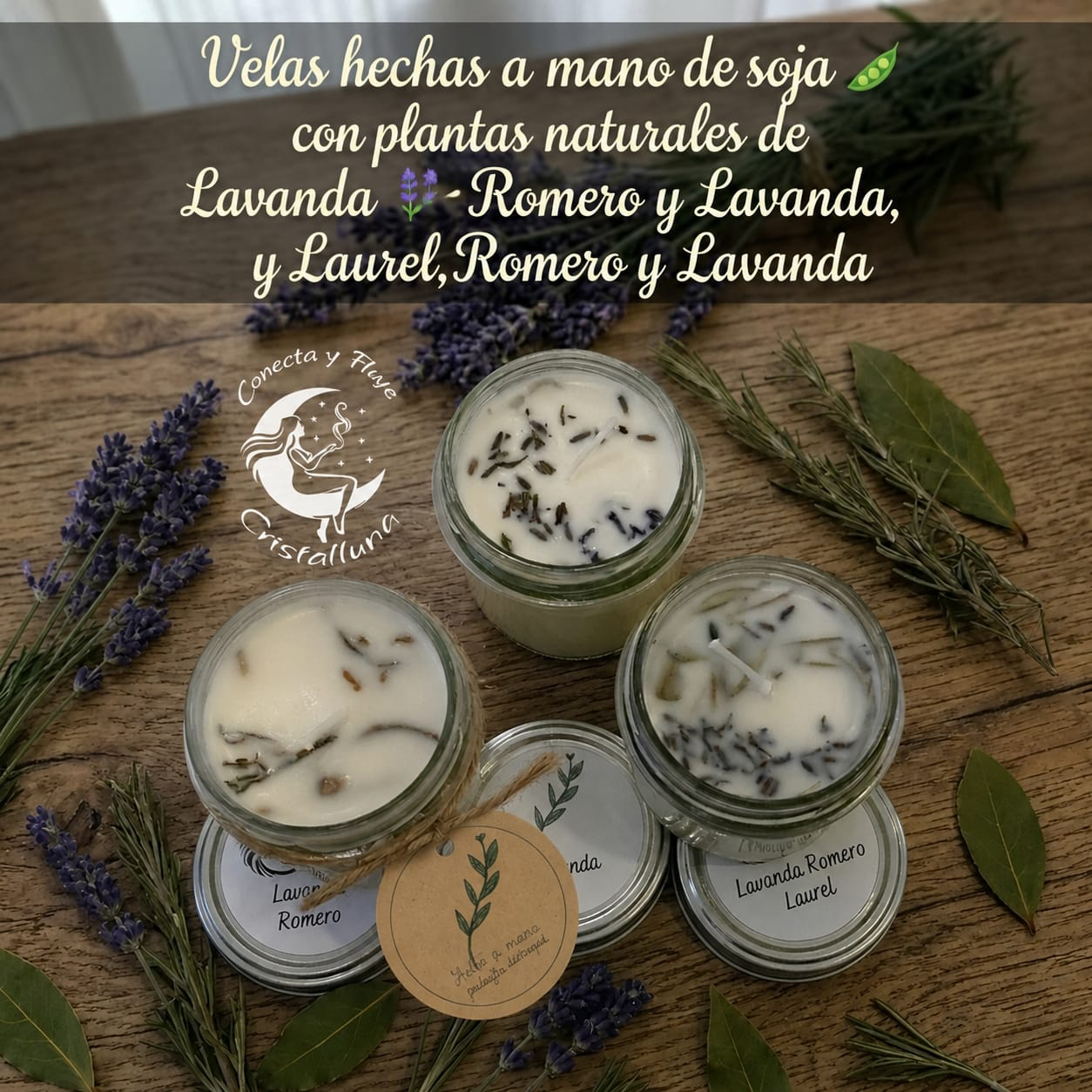 Velas de soja hechas a mano con plantas naturales