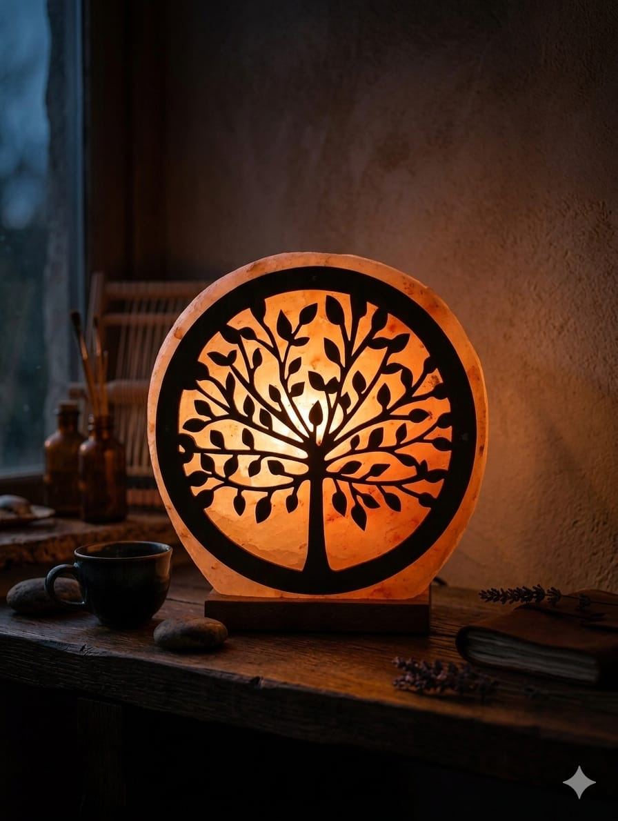 Lámpara de sal con diseño de árbol de la vida