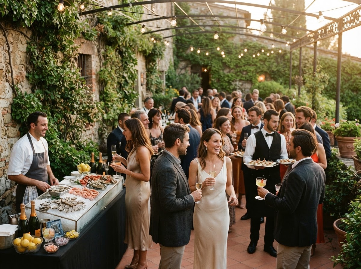 Cocktail Hour at The Linden Estate — The terrace opens. Oysters on ice, a raw bar, champagne passed on trays. The light goes gold through the orangery glass.