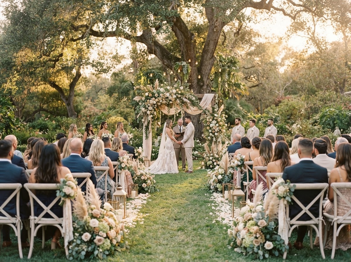 The Ceremony at The Linden Estate — Guests arrive down the drive. The aisle fills. Two people stand under the lindens and the afternoon holds its breath.
