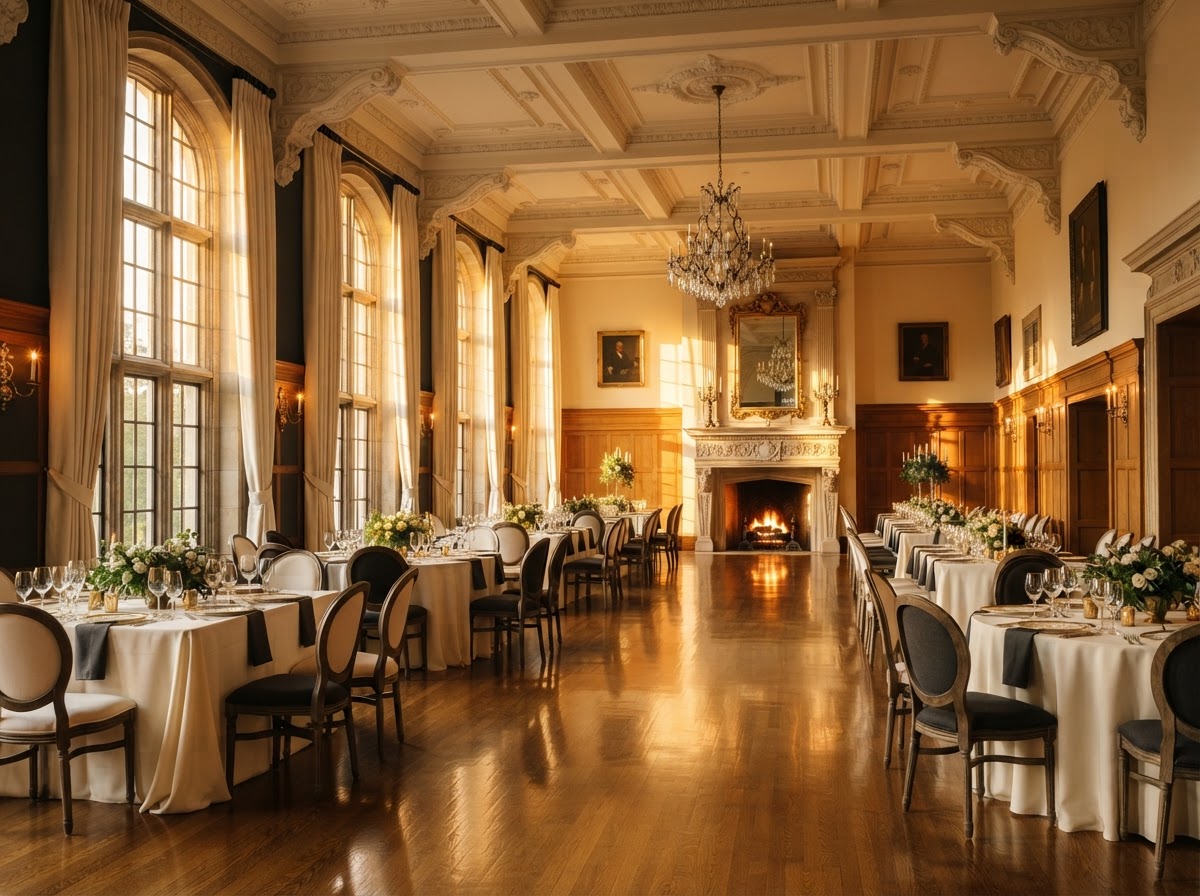 The Main Hall at The Linden Estate — The heart of the estate — a restored ballroom with arched windows, a stone fireplace, and oak floors that hold the light at golden hour.