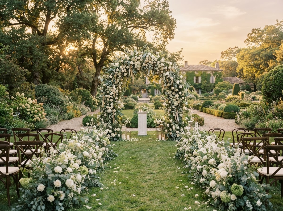 The Garden Ceremony Site at The Linden Estate — A tree-lined aisle opening to a floral arch under the old-growth lindens. Built for the moment everything else goes quiet.