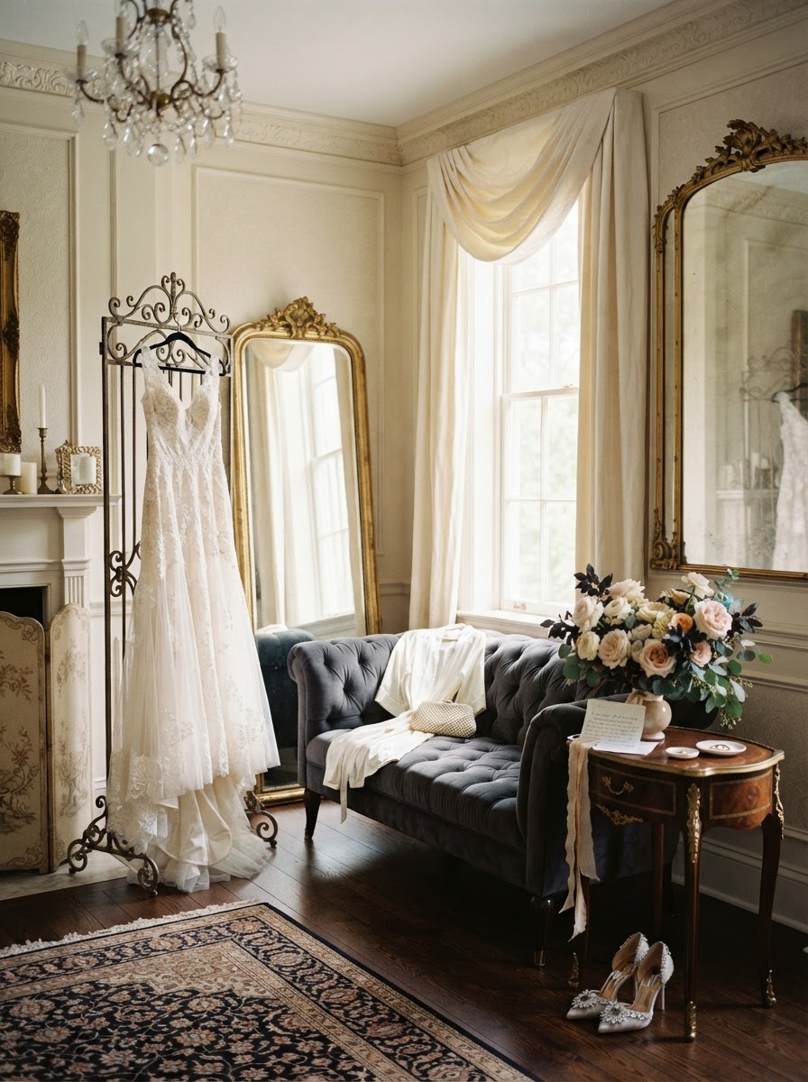The Bridal Suite at The Linden Estate — A quiet dressing room with a gilded mirror, a velvet settee, and north light — the calm before the day begins.