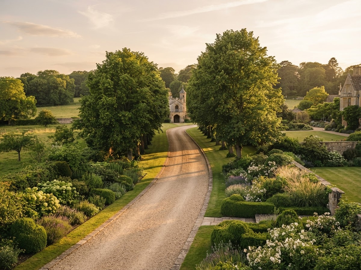 The Grounds at The Linden Estate — Twelve acres of gardens, gravel drives, and a stone folly — the backdrop for portraits, lawn games, and the send-off.