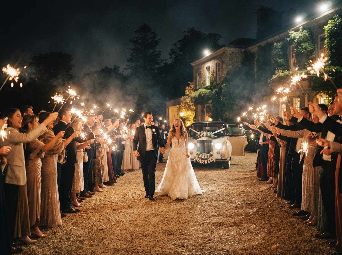 The Send-Off at The Linden Estate — Sparklers line the gravel drive. A car waits at the end of the path. The day ends the way it started — outside, under the trees.