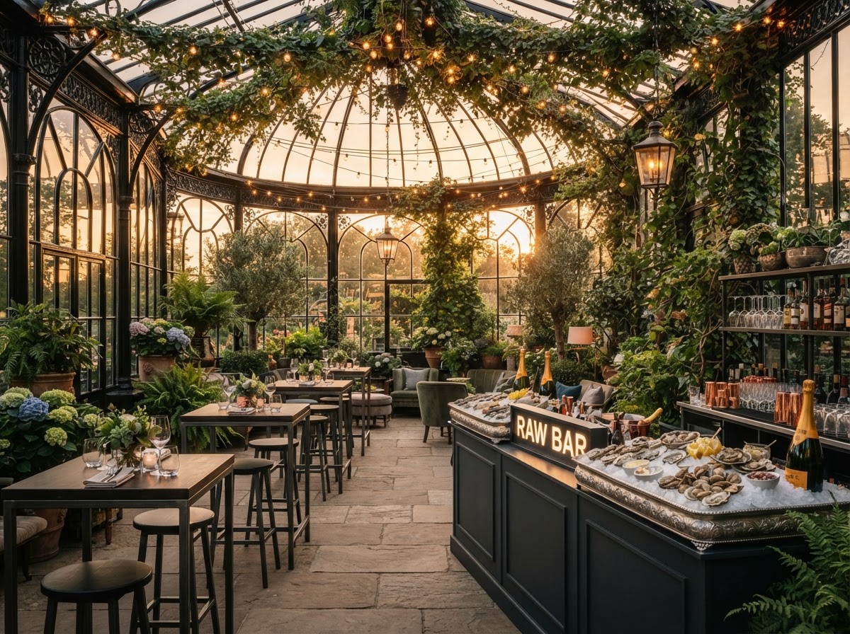 The Orangery Terrace at The Linden Estate — A glass-enclosed garden room and covered terrace for cocktails — raw bar, passed bites, and string lights as the sun drops.