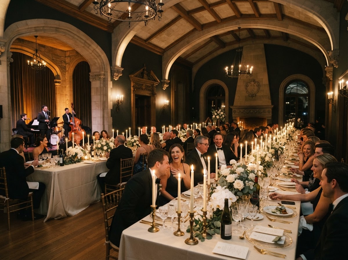 The Reception at The Linden Estate — Doors open to the hall. Candles lit down the long tables. Dinner, then dancing, then the first song under the restored plasterwork.