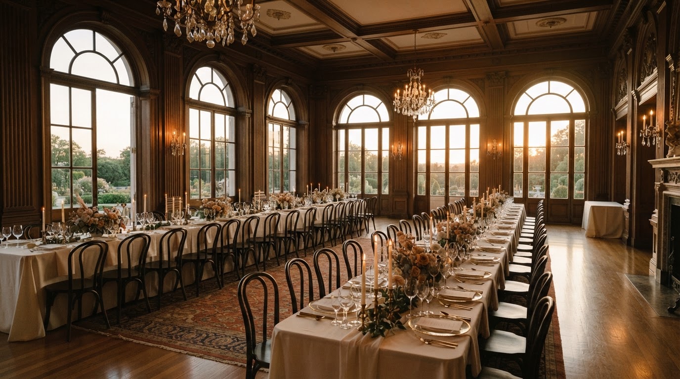 The Main Hall of The Linden Estate set for an evening reception at golden hour — long tables with ivory linens, tall taper candles, and warm light through arched windows.