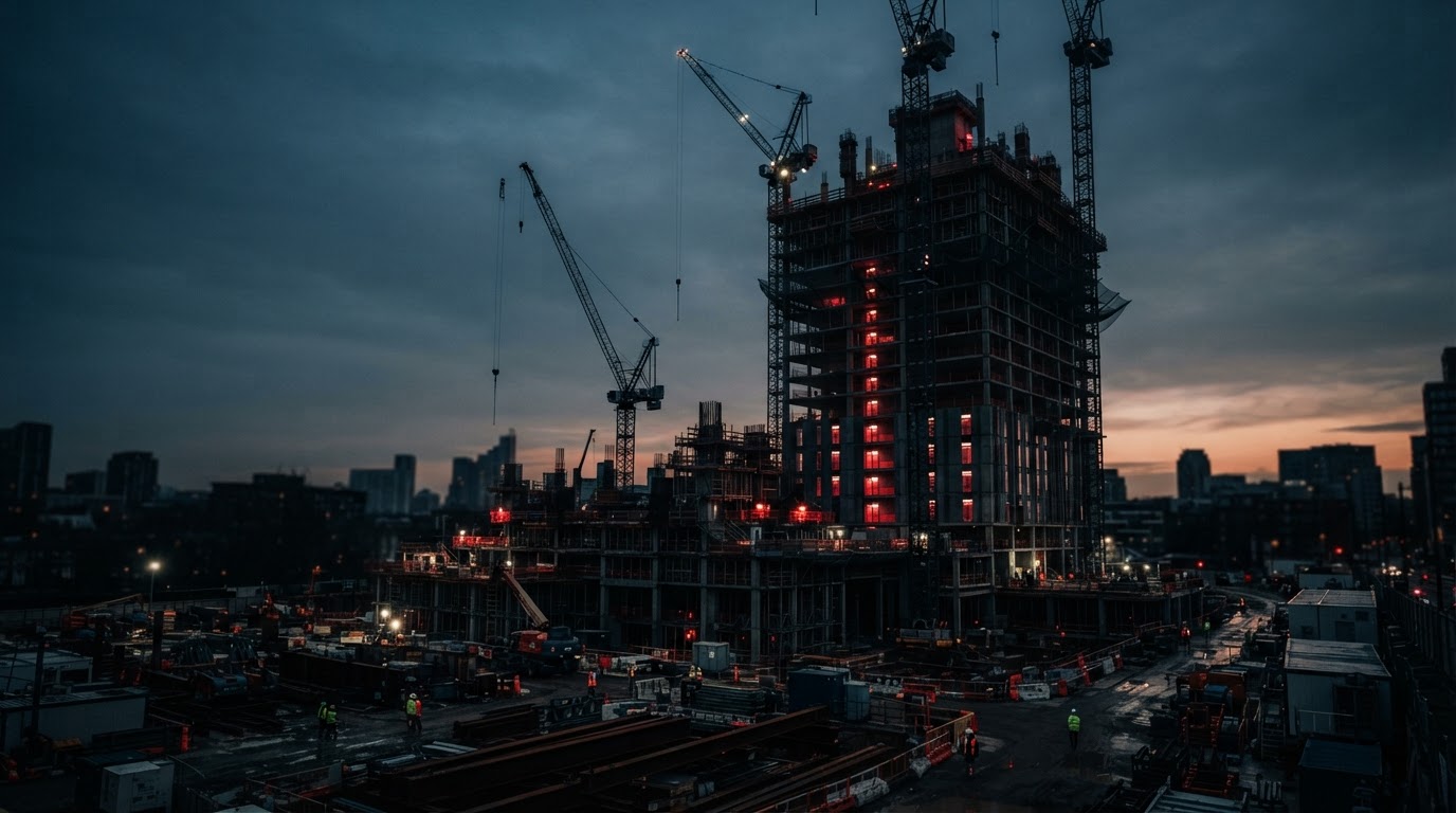 Construction site at dusk with cranes silhouetted against a twilight sky