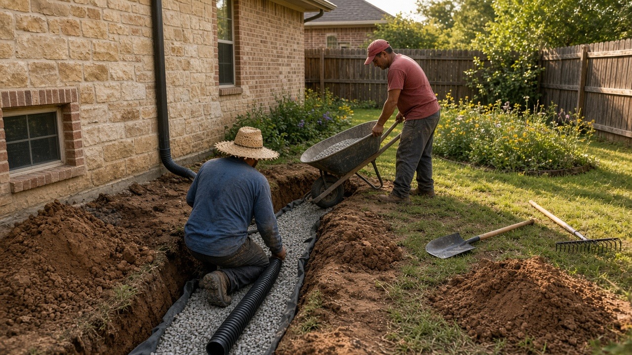 Gravel and pipe in a new French drain near Crowley