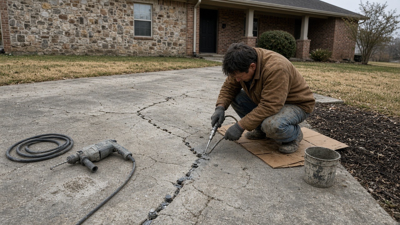 Cracked concrete being sealed, part of slab foundation repair near Crowley